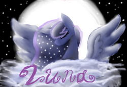 Size: 4823x3319 | Tagged: safe, artist:mr100dragon100, princess luna, alicorn, pony, cloud, eyes closed, female, mare, moon, night, solo, spread wings, stars, text, wings