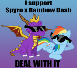 Size: 612x540 | Tagged: safe, artist:death-driver-5000, rainbow dash, pegasus, pony, crossover shipping, deal with it, female, male, shipping, spyro the dragon, spyrodash, straight, sunglasses