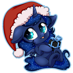 Size: 688x688 | Tagged: safe, artist:tokokami, princess luna, alicorn, pony, chibi, christmas, cute, female, hat, holiday, lunabetes, mare, present, santa hat, solo