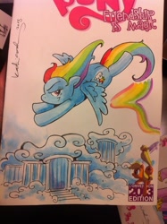 Size: 538x720 | Tagged: safe, artist:katiecandraw, idw, rainbow dash, pegasus, pony, blue coat, female, mare, multicolored mane, solo, traditional art