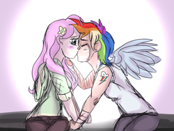 Size: 800x600 | Tagged: safe, artist:warriorshats, fluttershy, rainbow dash, crying, female, flutterdash, humanized, kissing, lesbian, shipping