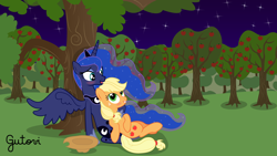 Size: 5692x3201 | Tagged: safe, artist:gutovi, applejack, princess luna, alicorn, earth pony, pony, apple tree, blushing, cute, female, lesbian, lunajack, mare, romance, shipping, show accurate, tree