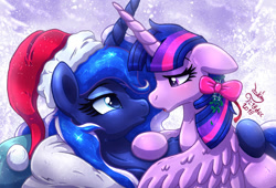 Size: 1320x900 | Tagged: safe, artist:joakaha, princess luna, twilight sparkle, twilight sparkle (alicorn), alicorn, pony, christmas, female, hat, holiday, imminent kissing, lesbian, looking at each other, mare, santa hat, shipping, smiling, twiluna