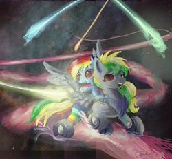 Size: 3309x3064 | Tagged: safe, artist:owlvortex, rainbow dash, oc, oc:wheely bopper, original species, pegasus, pony, riding, shooting star, shooting stars, wheelpone