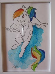 Size: 821x1095 | Tagged: safe, artist:casynuf, rainbow dash, pegasus, pony, eyes closed, frame, photo, solo, traditional art