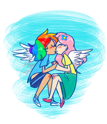Size: 495x573 | Tagged: safe, artist:tawny, fluttershy, rainbow dash, human, blushing, clothes, duo, duo female, female, flower, flower in hair, flutterdash, flying, humanized, kissing, lesbian, shipping, shoes, shorts, skirt, winged humanization, wings