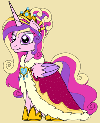 Size: 1068x1316 | Tagged: safe, artist:rosefang16, princess cadance, alicorn, pony, alternate hairstyle, astralverse, clothes, crown, ear piercing, earring, eyeshadow, female, hoof shoes, jewelry, makeup, mare, piercing, redesign, regalia, robe, simple background, solo, wing fluff, yellow background