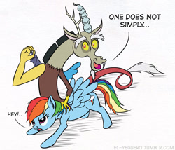 Size: 640x547 | Tagged: safe, artist:el-yeguero, discord, rainbow dash, draconequus, pegasus, pony, annoyed, exploitable meme, face down ass up, female, frown, glare, iwtcird, looking at you, male, mare, open mouth, smiling, spread wings