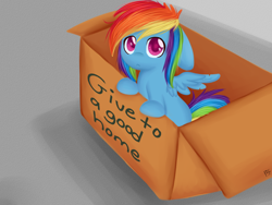 Size: 1024x768 | Tagged: safe, artist:chibimlp-lover, rainbow dash, pegasus, pony, fanfic:my little dashie, :<, box, bronybait, cardboard box, colored pupils, cute, dashabetes, female, filly, filly rainbow dash, floppy ears, leaning, looking at you, looking up, mare, pony in a box, sad, solo