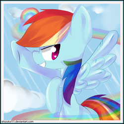 Size: 2000x2000 | Tagged: safe, artist:alexmisha, rainbow dash, pegasus, pony, flying, solo, sonic rainboom