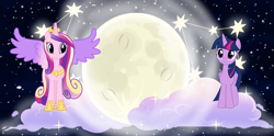 Size: 3475x1726 | Tagged: safe, artist:90sigma, artist:peachesandcreamated, artist:vvolllovv, princess cadance, twilight sparkle, twilight sparkle (alicorn), alicorn, pony, cloud, moon, night, stars