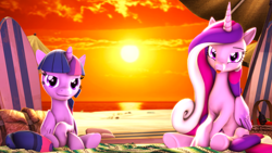 Size: 3840x2160 | Tagged: safe, artist:apexpredator923, princess cadance, twilight sparkle, twilight sparkle (alicorn), alicorn, pony, 3d, beach, sitting, source filmmaker, sunset, tongue out