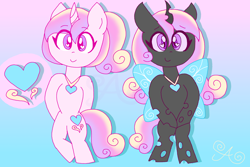 Size: 3000x2000 | Tagged: safe, artist:alannaartroid, princess cadance, changeling, pony, unicorn, alternate hairstyle, alternate universe, bipedal, changelingified, disguise, disguised changeling, female, gradient background, heart eyes, jewelry, mare, necklace, redesign, solo, species swap, wingding eyes