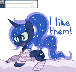 Size: 1280x1214 | Tagged: safe, artist:pinkami, princess luna, alicorn, pony, ask, bed, clothes, comic, lazy, shirt, simple background, socks, solo, striped socks, transparent background, tumblr, tumblr:ask lazy luna