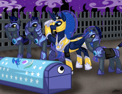 Size: 937x720 | Tagged: safe, artist:texasuberalles, princess luna, alicorn, bat pony, earth pony, hybrid, pony, unicorn, armor, bat pony unicorn, coffin, curved horn, equestrian flag, female, flag, funeral, graveyard, horn, male, mare, night guard, salute, stallion, wingless, wingless bat pony