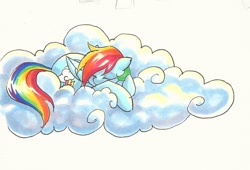 Size: 1280x872 | Tagged: safe, artist:valkyrie-girl, rainbow dash, pegasus, pony, cloud, sleeping, solo, traditional art