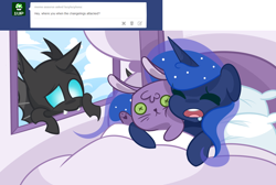 Size: 1280x862 | Tagged: safe, artist:pinkami, princess luna, alicorn, changeling, pony, a canterlot wedding, ask, bed, comic, drool, lazy, sleeping, solo, tumblr, tumblr:ask lazy luna