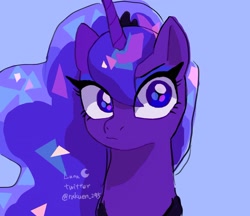 Size: 1536x1327 | Tagged: safe, artist:rakuen_295, princess luna, alicorn, pony, blue background, bust, female, luna is not amused, mare, peytral, regalia, simple background, solo, unamused