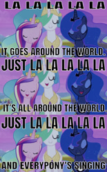 Size: 572x924 | Tagged: safe, edit, edited screencap, editor:undeadponysoldier, screencap, princess cadance, princess celestia, princess luna, alicorn, pony, twilight's kingdom, around the world (la la la la la), atc, female, mare, singing, song reference