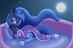 Size: 1677x1101 | Tagged: safe, artist:dusthiel, princess luna, alicorn, pony, clothes, female, full moon, mare, moon, night, solo