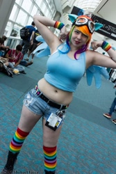 Size: 600x900 | Tagged: safe, artist:geekeryandsuch, rainbow dash, human, belly button, cosplay, irl, irl human, midriff, photo, san diego comic con