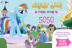 Size: 749x500 | Tagged: safe, screencap, berry punch, berryshine, derpy hooves, doctor whooves, perfect pace, rainbow dash, score, spike, dragon, earth pony, pegasus, pony, emerald beacon, equestrivia challenge, game, hubworld, medal, official, text, the hub