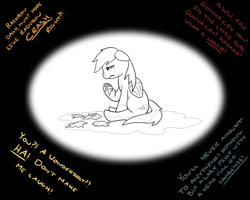 Size: 1280x1024 | Tagged: artist needed, safe, rainbow dash, pegasus, pony, bullying, crying, disembodied thoughts, monochrome, sad, solo, text