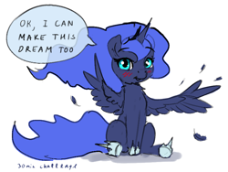 Size: 808x606 | Tagged: safe, artist:xbi, derpibooru exclusive, princess luna, alicorn, pony, 30 minute art challenge, blushing, dialogue, female, simple background, sitting, solo, speech bubble, spread wings, white background, wings