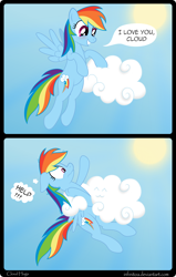 Size: 3200x5029 | Tagged: safe, artist:infinitoa, rainbow dash, pegasus, pony, :3, cloud, comic, hape, hug, surprised, vector