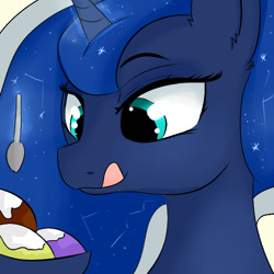 Size: 600x600 | Tagged: safe, artist:dashy21, princess luna, alicorn, pony, female, food, glowing horn, ice cream, magic, mare, smiling, solo, spoon, tongue out