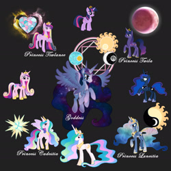 Size: 2449x2449 | Tagged: safe, artist:riredecire, princess cadance, princess celestia, princess luna, twilight sparkle, twilight sparkle (alicorn), alicorn, pony, fusion, fusion diagram, hexafusion, multiple eyes