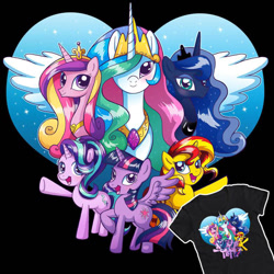 Size: 780x780 | Tagged: safe, artist:marybellamy, princess cadance, princess celestia, princess luna, starlight glimmer, sunset shimmer, twilight sparkle, twilight sparkle (alicorn), alicorn, pony, unicorn, by fans for fans, design, official, shirt design