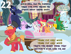 Size: 1024x768 | Tagged: safe, artist:bronybyexception, apple bloom, big macintosh, diamond tiara, princess luna, scootaloo, sweetie belle, oc, oc:snowdrop, alicorn, earth pony, pegasus, pony, unicorn, a christmas carol, abuse, advent calendar, cart, coffin, cutie mark crusaders, dancing, ebenezer scrooge, hat, party cannon, scrooge, self ponidox, thank you very much, the ghost of christmas past, the ghost of christmas present, the ghost of christmas yet to come, tiarabuse, top hat