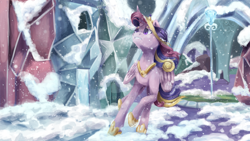 Size: 1600x901 | Tagged: safe, artist:laps-sp, princess cadance, alicorn, pony, deviantart watermark, female, mare, obtrusive watermark, snow, solo, watermark