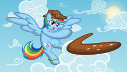 Size: 1191x670 | Tagged: safe, artist:dewlshock, rainbow dash, pegasus, pony, boomerang, bush hat, cute, dashabetes, feminism, hat, i can't believe it's not hasbro studios, if only, rainbow sass, slouch hat, solo, warrior, warrior dash