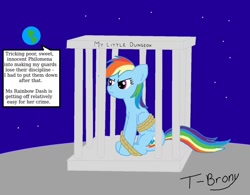 Size: 900x701 | Tagged: safe, artist:t-brony, rainbow dash, pegasus, pony, a bird in the hoof, banishment, betrayal, betrayed, cage, dashabuse, moon, solo, speech bubble, to the moon