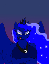 Size: 1280x1649 | Tagged: safe, artist:americananomaly, nightmare moon, princess luna, anthro, anthroquestria, bedroom eyes, big breasts, breasts, cleavage, clothes, crossed arms, devious, dress, female, smug, solo