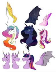 Size: 670x864 | Tagged: safe, artist:phobicalbino, princess cadance, princess celestia, princess luna, twilight sparkle, twilight sparkle (alicorn), alicorn, bat pony, dracony, dragon, hybrid, pony, alternate design, bat ponified, colored horn, draconified, dragonlestia, ethereal mane, female, gradient mane, headcanon, horn, hybrid wings, lunabat, mare, multiple eyes, race swap, simple background, starry mane, starry wings, white background, wings