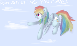 Size: 2100x1260 | Tagged: safe, artist:strangemoose, rainbow dash, pegasus, pony, blue coat, female, mare, multicolored mane, solo, text