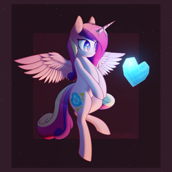 Size: 3000x3000 | Tagged: safe, artist:silshadnic, princess cadance, alicorn, pony, abstract background, crystal heart, cute, cutedance, ear fluff, female, high res, looking at something, mare, solo, spread wings, wings