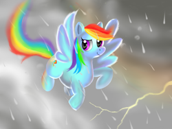 Size: 1600x1200 | Tagged: safe, artist:horuru, rainbow dash, pegasus, pony, lightning, pixiv, rain, solo