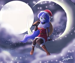 Size: 4096x3436 | Tagged: safe, artist:jeglegator, princess luna, human, equestria girls, christmas, clothes, cloud, costume, hat, holiday, looking at you, moon, night, santa costume, santa hat, solo