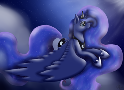 Size: 1755x1276 | Tagged: safe, artist:shadow-nights, princess luna, alicorn, pony, ethereal mane, female, flying, mare, night, signature, smiling, solo, spread wings, starry mane, starry night, stars, wings
