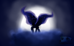 Size: 1280x793 | Tagged: safe, artist:pocketyhat, princess luna, alicorn, pony, cloud, ethereal mane, female, jewelry, mare, moon, raised hoof, regalia, silhouette, solo, spread wings, starry mane, wings