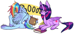 Size: 1188x562 | Tagged: safe, artist:soullessteddybear, rainbow dash, twilight sparkle, twilight sparkle (alicorn), alicorn, classical unicorn, pegasus, pony, book, female, leonine tail, mare, twilight is not amused, unamused