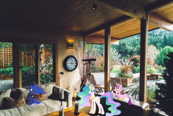 Size: 2500x1667 | Tagged: safe, artist:90sigma, artist:dashiesparkle, princess cadance, princess celestia, princess luna, alicorn, pony, clock, female, house, interior, irl, photo, ponies in real life, sofa