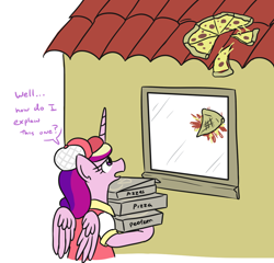 Size: 1072x1031 | Tagged: safe, artist:jargon scott, princess cadance, alicorn, pony, baseball cap, breaking bad, cadance's pizza delivery, cap, clothes, dialogue, female, food, hat, house, mare, meat, peetzer, pepperoni, pepperoni pizza, pizza, pizza box, solo, window