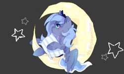 Size: 1023x614 | Tagged: safe, artist:yioyio, princess luna, alicorn, pony, crescent moon, crown, cute, deviantart watermark, female, filly, jewelry, lunabetes, moon, obtrusive watermark, pillow, profile, regalia, solo, starry mane, stars, tangible heavenly object, transparent moon, watermark, woona, younger