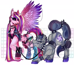 Size: 1280x1120 | Tagged: safe, artist:rancidious, princess cadance, oc, oc:verlo streams, alicorn, pony, unicorn, anklet, ass up, black lipstick, clothes, collar, corset, decadence, ear piercing, eyeshadow, fangs, female, femdom, goth, jacket, leash, leather jacket, lipstick, makeup, nose piercing, nose ring, pet play, piercing, spiked collar, spiked wristband, stockings, tail wrap, tailcuff, thigh highs, torn clothes, torn stockings, wing piercing, wristband