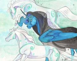 Size: 1024x811 | Tagged: safe, artist:sagastuff94, princess luna, alicorn, pony, windigo, a hearth's warming tail, cloak, clothes, female, hoers, mare, realistic, realistic anatomy, scene interpretation, spirit of hearth's warming yet to come, traditional art, watercolor painting